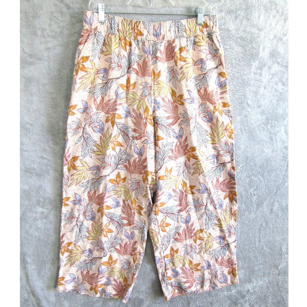 Nicole Miller New York Womens Large Linen Floral Leaf Print Wide Leg Crop Pants